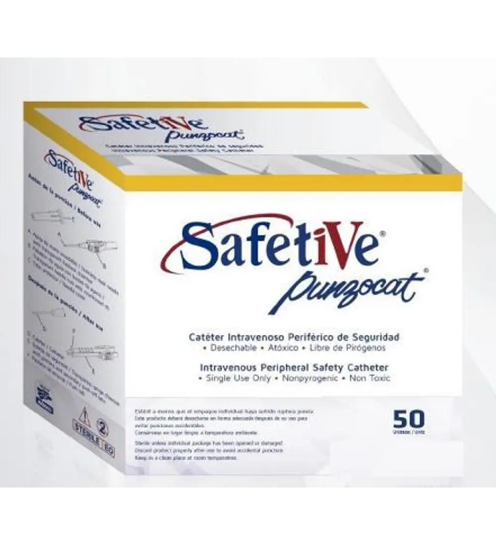 Catéter periférico de seguridad para la infusión de soluciones intravenosas de poliuretano o fluoretileno-propileno radiopaco con o sin aletas para fijación. La aguja contiene un dispositivo de seguridad que la inactiva cuando se retira del catéter y tapón protector. Estéril y desechable. Calibre: 14 G Longitud: 45-52 mm Pieza.