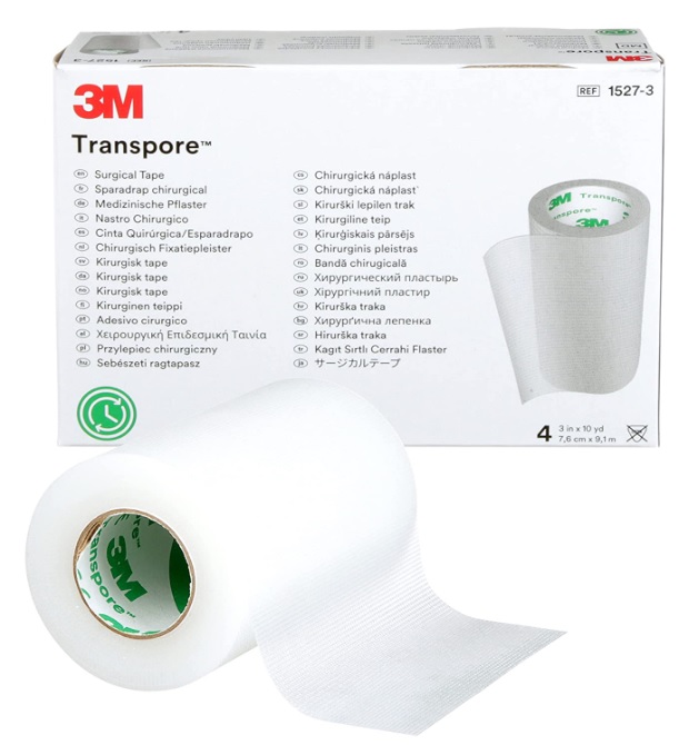 Cintas. Cinta transparente plástica microperforada de polietileno; con adhesivo hipoalergénica. Longitud de 9-9.5 mts. Ancho: 7.50 cm. Pieza