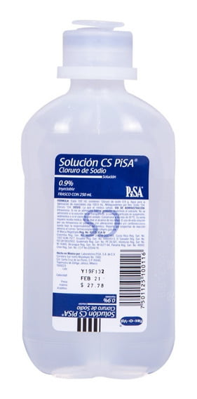 Cloruro de sodio. Solución Inyectable al 0.9%. Cada 100 ml contienen: Cloruro de sodio 0.9 g Agua Inyectable 100 ml Envase con 50 ml.
