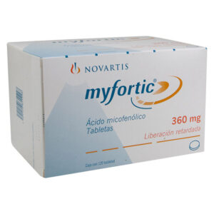 Ácido micofenólico. Gragea con Capa Entérica o Tableta de Liberación Prolongada. Cada gragea con capa entérica o tableta de liberación prolongada contiene: Micofenolato sódico equivalente a 360 mg de ácido micofenólico. Envase con 120 Grageas con capa entérica o tabletas de liberación prolongada.