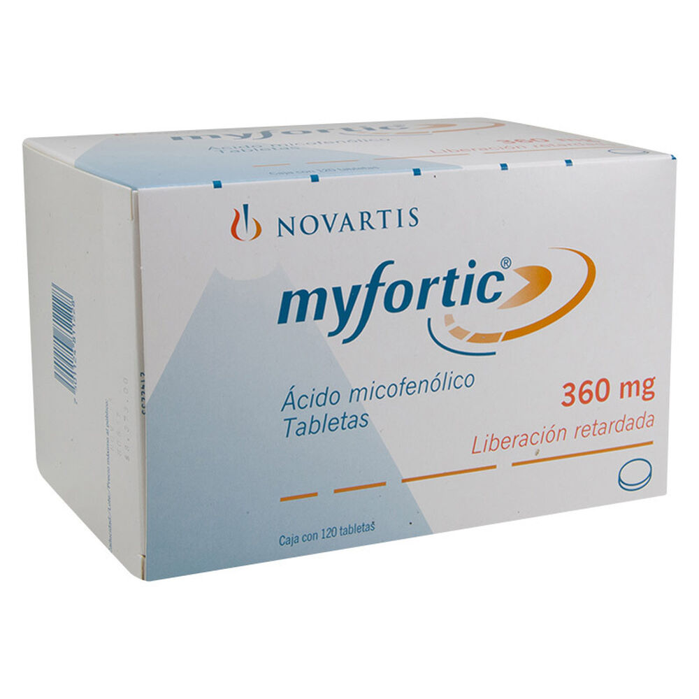 Ácido micofenólico. Gragea con Capa Entérica o Tableta de Liberación Prolongada. Cada gragea con capa entérica o tableta de liberación prolongada contiene: Micofenolato sódico equivalente a 360 mg de ácido micofenólico. Envase con 120 Grageas con capa entérica o tabletas de liberación prolongada.