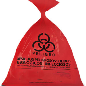 BOLSAS. De polietileno color rojo traslúcido, impermeable, marcada con la leyenda: “Residuos Peligrosos Biológico-Infecciosos” y con el símbolo universal de: Riesgo Biológico. Calibre mínimo 200. Debe contar con certificado analítico cuyas especificaciones técnicas deben cumplir con la NOM-087-SEMARNAT-SSA1 vigente. Tamaño de: 60 x 90 cm. Pieza.