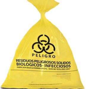 BOLSAS. De polietileno color amarillo traslúcido, impermeable, marcada con la leyenda: “Residuos Peligrosos Biológico-Infecciosos” y con el símbolo universal de: Riesgo Biológico. Calibre mínimo 300. Debe contar con certificado analítico cuyas especificaciones técnicas deben cumplir con la NOM-087-SEMARNAT-SSA1 vigente. Tamaño de: 60 x 90 cm. Pieza.