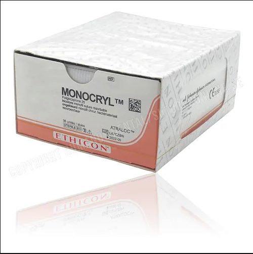 Suturas. De monofilamento sintético absorbible de copolímero de glicolida y épsilon-caprolactona con color. Longitud de la hebra: 70 cm Calibre de la sutura: 3-0. Características de la aguja: Aguja ahusada de 1/2 círculo (35 a 36 mm). Envase con 36 piezas.