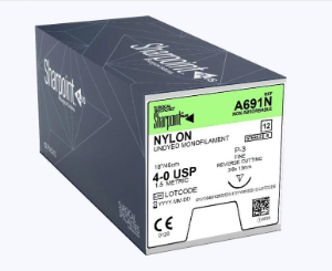 Suturas. Sintéticas no absorbibles monofilamento de nylon con aguja. Longitud de la hebra: 45 cm Calibre de la sutura: 4-0 Características de la aguja: 3/8 de círculo reverso cortante (12-13 mm) Envase con 12 piezas.