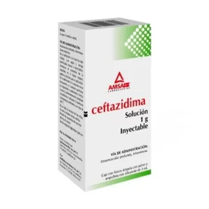 Ceftazidima. Solución Inyectable. Cada frasco ámpula con polvo contiene: Ceftazidima pentahidratada equivalente a 1 g de ceftazidima. Envase con un frasco ámpula y 3 ml de diluyente.