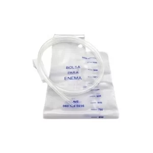 Bolsas. Para enema. Capacidad 1500 ml con tubo transportador de 5.0 a 6.0 mm de diámetro interno 128 cm de longitud y dispositivo obturador de plástico para control de flujo. El extremo proximal debe tener la punta roma sin filos un orificio lateral cercano a la punta lubricante y protector plástico. Desechable. Pieza.