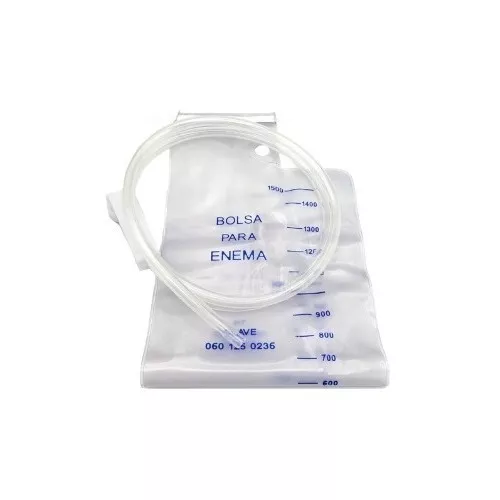 Bolsas. Para enema. Capacidad 1500 ml con tubo transportador de 5.0 a 6.0 mm de diámetro interno 128 cm de longitud y dispositivo obturador de plástico para control de flujo. El extremo proximal debe tener la punta roma sin filos un orificio lateral cercano a la punta lubricante y protector plástico. Desechable. Pieza.