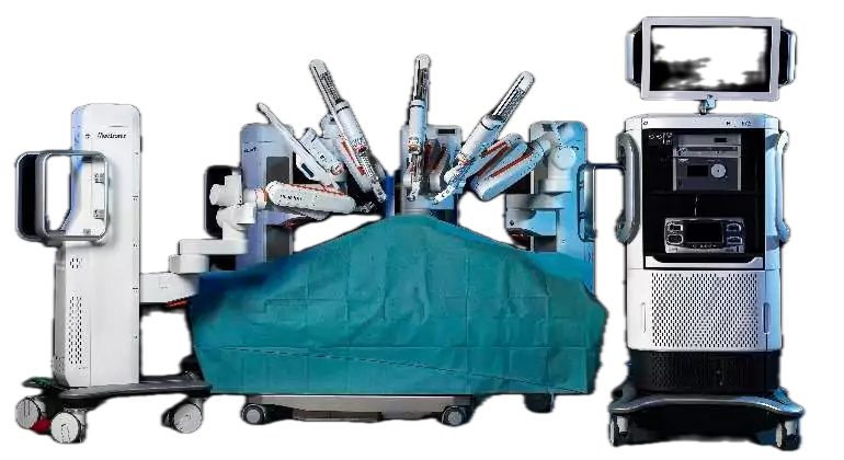 Sistema de Endoscoía para cirugía asistida por robot. Equipo médico diseñado para asistir cirugías endoscópicas sin contacto físico del cirujano con los instrumentos de operación utilizando un enfoque mínimamente invasivo y conformado por tres subsistemas principales: consola de trabajo del cirujano carro del paciente que incluye los brazos robóticos y carro de visión. 1. Consola del cirujano. Estación de trabajo fuera del campo estéril donde el cirujano realiza el procedimiento quirúrgico en posición sentado consta de los siguientes componentes: Visor estereoscópico.- Con resolución de video de al menos 1080i 3DHD con dos posibles relaciones de aspecto: ancha (16:9) y completa (5:4) acercamiento óptico de 10X acercamiento digital de 4X y audio estéreo. Visualización de mensajes e íconos informativos. Controles de mano.- Medio de control de los instrumentos quirúrgicos y los accesorios que se conectan a los brazos robóticos para los diferentes procedimientos quirúrgicos. Cuenta con sistema de retroalimentación que simula la resistencia al movimiento y la fuerza que se aplica sobre el tejido. Controles de pie (pedales).- Dispone de siete pedales dos grupos de conmutadores de pedal. Los tres conmutadores de la izquierda controlan las funciones del sistema (mando de la cámara embrague principal y cambio de brazo). Los cuatro pedales de la derecha del panel de conmutadores de pedal controlan la activación de la alimentación eléctrica para los dispositivos conectados a los conectores de alimentación del núcleo (p.ej. las unidades electroquirúrgicas o ESU). Los pedales de control de la alimentación están dispuestos dos a la izquierda y dos a la derecha. Panel táctil móvil del cirujano.- Con al menos las siguientes funciones: configuración de la imagen (brillo contaste ajustes avanzados de video) configuraciones de la cámara preferencias de visualización y acercamiento configuraciones del audio configuraciones del sistema registro de incidencias ajuste rápido bloqueo iluminación del campo quirúrgico. Paneles de control laterales.- Panel de control lateral izquierdo para modificar la configuración de ergonomía. Panel de control lateral derecho con botones de encendido y paro de emergencia. 2. Carro de visión. Torre con cuatro ruedas y sistema de freno independiente en cada rueda que se coloca fuera del campo estéril junto al carro de paciente (robot de cirugía) para su interconexión. Con al menos tres estantes o divisiones en la parte superior para colocación de equipo auxiliar al menos un cajón para guarda de cables y cabezal de la cámara. Consta de los siguientes componentes: Núcleo.- conexión central del sistema donde se dirigen las conexiones del sistema equipos auxiliares audio y video. Foco de luz.- componente que proporciona la iluminación para el campo quirúrgico y se transmite a través de una fibra óptica integrada en el endoscopio. Endoscopios.- endoscopio 3D de 12 mm con punta recta (0°) u oblicua (30°). Endoscopio 3D de 8.5 mm con punta recta (0°) u oblicua (30°). Cabezal de la cámara estereo de alta definición.- con campo de visualización de al menos 60°. Aumenta de 6 a 10 veces lo que se observa durante la cirugía abierta (sin lupas) al conectarlo a un endoscopio estéreo. Unidad de control de la cámara de alta definición.- controla la adquisición y el procesamiento de la imagen proveniente del cabezal de la cámara. Pantalla.- de al menos 24 pulgadas para visualización de la imagen quirúrgica con soporte móvil. Soportes para depósitos (tanques con gas CO2 para insuflar).- el carro de visión admite el uso de un insuflador y cuenta con dos soportes para colocar el o los tanques de CO2 en la parte lateral del carro de visión. Con sistema y/o aditamentos para instalar tanques de distintos tamaños. 3. Carro del paciente. su función principal es sostener los brazos para los instrumentos intercambiables y un brazo para la cámara cuenta con un soporte móvil que funciona con un motor eléctrico. Componentes del carro del paciente: Juntas de montaje.- articulaciones mecánicas que sirven para colocar los brazos y establecer el rango de movimiento horizontal y vertical de los mismos libertad de movimiento limitada para minimizar las colisiones y facilitar la colocación de puertos. Brazo para instrumentos.- es la parte distal del brazo en el que se conectan los instrumentos quirúrgicos el movimiento y el control de los instrumentos son guiados por el cirujano desde la consola. Brazo de la cámara.- constituye la interfaz estéril para el endoscopio 3D que es controlada desde la consola del cirujano. Unidad motorizada.- para desplazar el carro del paciente con sistema de freno. Accesorios que deben ser incluidos: cables de alimentación eléctrica para consola de cirujano carro de visión y carro del paciente. Cables del sistema para transmisión de audio video y datos entre la consola de cirujano carro de visión y carro del paciente.