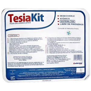 Equipo. Equipo para anestesia general. Consta de: 1 Mascarilla para anestesia para Adulto con colchón inflable. 1 Bolsa de respiración de 3 Litros diámetro interno de 22 mm. 1 Llave de tres vías con tubo de extensión de 80 cm. 1 Circuito respiratorio consta de: Dos mangueras de 180 cm. Filtro de 0.2 micras. Conexión "codo Y" con sistema detector de desacople compuesto por una señal luminosa y otra audible que indica el desacople entre los conectores del "Codo Y" y la cánula endotraqueal el "Codo Y" contiene un sello interno para evitar fugas entre los conectores del "Codo Y" y la cánula endotraqueal. 5 Electrodos ECG para adulto con broche estándar. 1 Par Guantes. de látex medianos. 1 Sujetador de cánula con guía para sonda gástrica consta de: Una pieza hembra dentada para recibir una pieza macho dentada. Una pieza macho dentada para sostener la cánula mediante un ajuste graduado a la pieza hembra. Una banda para sostener alrededor de la cabeza del paciente el sujetador de cánula. 1 Campo trabajo de 50 x 66 cm. 1 Jeringa de plástico 20 ml. 3 Jeringas. de plástico 10 ml. 4 Agujas. Hipodérmicas 21G x 38 mm.1 Cánula tipo Yankauer atraumática con control. 1 Cánula orofaríngea de plástico tipo Guedel No. 4 Long. 90 mm.1 Hoja para Laringoscopio Mc Intoch No. 3 adulto con iluminación. Estéril y Desechable.