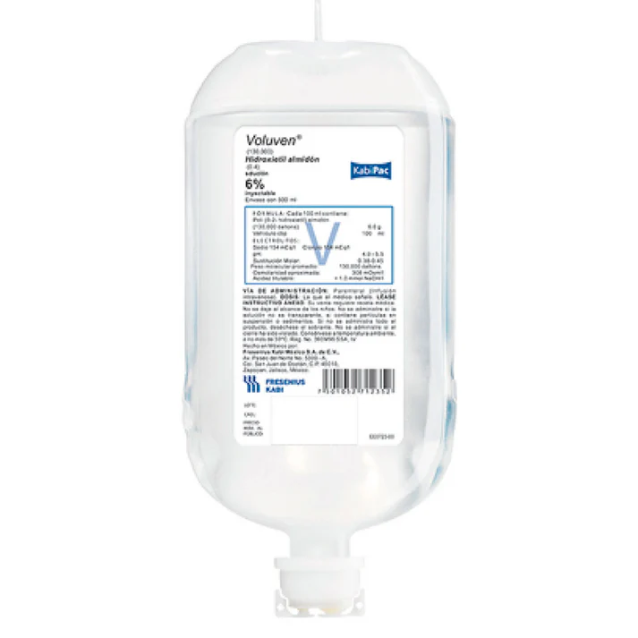 Almidón. Solución Inyectable al 6 % Cada 100 ml contienen: Poli (o-2 hidroxietil)-almidón (130000 daltons) o hidroxietil almidón (130/0.4) 6 g Envase con 250 ml.