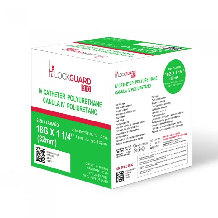 Catéter periférico de seguridad para la infusión de soluciones intravenosas de poliuretano o fluoretileno-propileno radiopaco con o sin aletas para fijación. La aguja contiene un dispositivo de seguridad que la inactiva cuando se retira del catéter y tapón protector. Estéril y desechable. Calibre: 20 G Longitud: 28-34 mm Pieza.