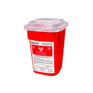 Contenedores. Desechables de punzo-cortantes, de polipropileno, esterilizable, incinerable y no tóxico, resistente a la perforación, al impacto y a la pérdida del contenido al caerse, con o sin separador de agujas y abertura para el depósito de otros punzo-cortantes, con tapas de seguridad para las aberturas, de color rojo, etiquetado con la leyenda “peligro residuos punzocortantes biológico-infecciosos” y marcado con el símbolo universal de Riesgo Biológico. Debe contar con certificado analítico cuyas especificaciones técnicas deben cumplir con la NOM-087-SEMARNAT-SSA1 vigente. Capacidad: 11.30 a 13.25 lts. Pieza