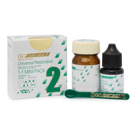 Cementos. Ionómero de vidrio restaurativo II.Color No. 21. Polvo 15 g. Silicato de aluminio 95% -97%. Ácido poliacrílico 3% - 5%. Líquido 10 g 8 ml.Ácido poliacrílico 75%. Ácido tartárico 10% -15%. Barniz compatible líquido 10 g. Estuche.