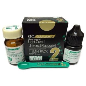 Cementos. Ionómero de vidrio restaurativo II.Color No. 22.Polvo 15 g.Silicato de aluminio 95% -97%.Ácido poliacrílico 3% -5%.Líquido 10 g 8 ml.Ácido poliacrílico 75%.Ácido tartárico 10% - 15%.Barniz compatible líquido 10 g. Juego.
