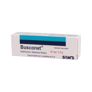 Butilhioscina-metamizol. Solución Inyectable Cada ampolleta contiene: N butilbromuro de hioscina 20 mg Metamizol 2.5 g Envase con 5 ampolletas de 5 ml.