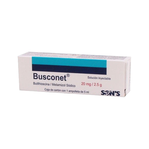 Butilhioscina-metamizol. Solución Inyectable Cada ampolleta contiene: N butilbromuro de hioscina 20 mg Metamizol 2.5 g Envase con 5 ampolletas de 5 ml.