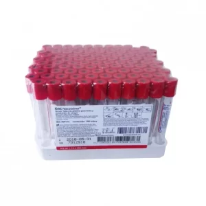 Tubos Para la toma y recolección de sangre. De vidrio al vacío (13 x 100 mm) desechable para adulto sin anticoagulante tapón rojo con silicón como lubricante volumen de drenado 7 ml (± 0.4 ml). Etiquetados individualmente con número de lote y fecha de caducidad. Con o sin tapón de seguridad. Caja con 100.